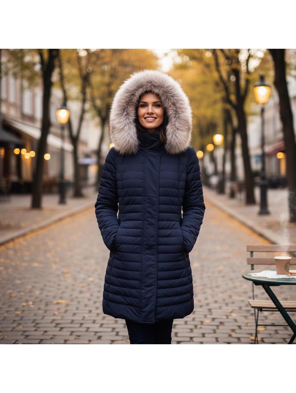 Gorski Navy Blue Apres Ski Parka with hood w fur trim US 10
